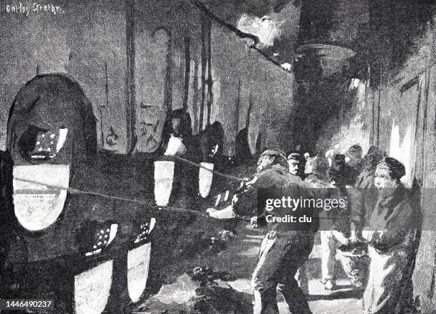 below deck, men firing the furnaces - smelting cartoon stock illustrations