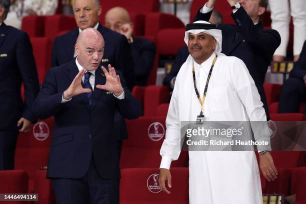 Gianni Infantino, President of FIFA, speaks with VIP guests prior to the FIFA World Cup Qatar 2022 Round of 16 match between Netherlands and USA at...