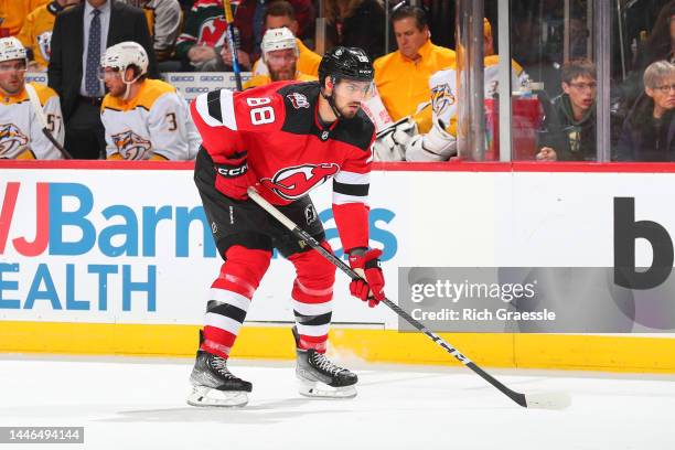 Kevin Bahl of the New Jersey Devils during the game against the Nashville Predators on December 1, 2022 at the Prudential Center in Newark, New...