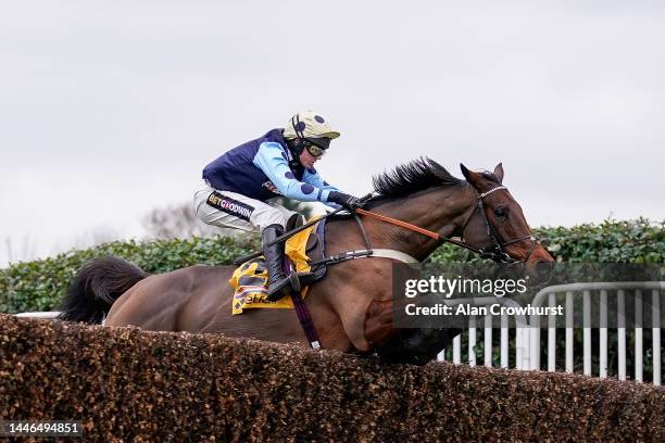 Tom Cannon riding Edwardstone clear the last to win The Betfair Tingle Creek Chase at Sandown Park Racecourse on December 03, 2022 in Esher, England.