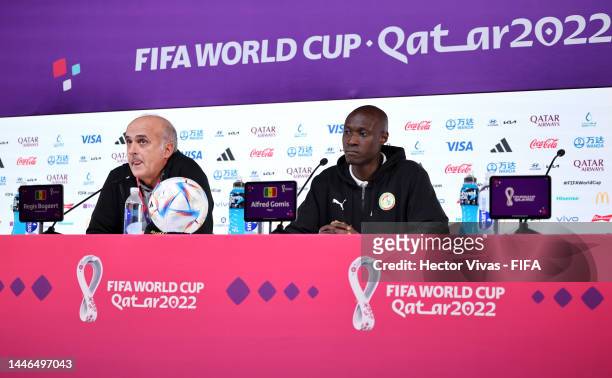 Regis Bogaert, Assistant Head Coach of Senegal and Alfred Gomis of Senegal speak during Senegal press conference on match day -1 at Main Media Center...