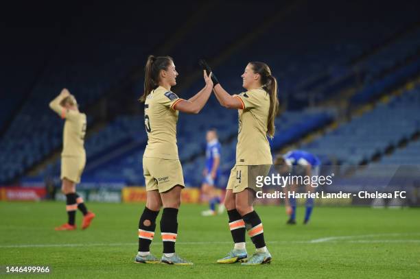 Fran Kirby of Chelsea celebrates with teammate Eve Perisset after scoring her team's third goal during the FA Women's Super League match between...