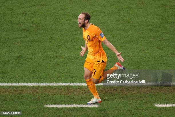 Daley Blind of Netherlands celebrates after scoring the team's second goal during the FIFA World Cup Qatar 2022 Round of 16 match between Netherlands...