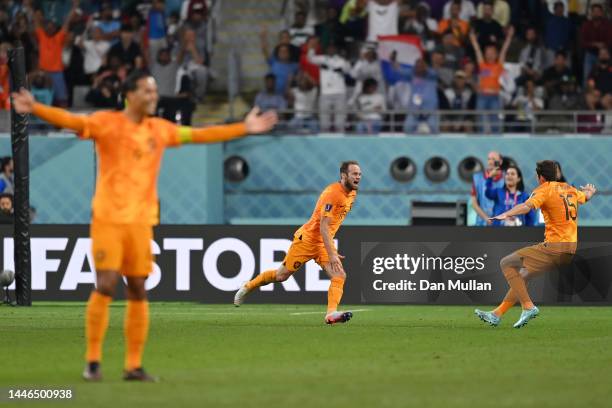Daley Blind of Netherlands celebrates after scoring the team's second goal during the FIFA World Cup Qatar 2022 Round of 16 match between Netherlands...