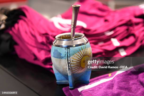 Yerba mate kit is seen in the dressing room of Argentina prior to the FIFA World Cup Qatar 2022 Round of 16 match between Argentina and Australia at...