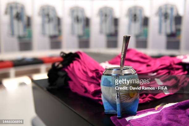 Yerba mate kit is seen in the dressing room of Argentina prior to the FIFA World Cup Qatar 2022 Round of 16 match between Argentina and Australia at...