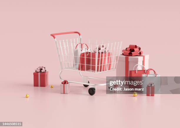 3d rendered pink shopping cart gift box and shopping bag - the gift photo exhibit stock pictures, royalty-free photos & images