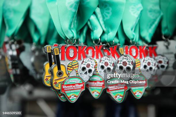 Rock 'n' Roll 10K medals are displayed on December 03, 2022 in San Antonio, Texas.