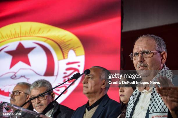 Secretary general of Tunisian General Labor Union , Nourredine Taboubi Speaks as People gather to mark the 70th anniversary of Tunisian General labor...