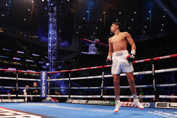 Royston Barney Smith celebrates victory after the Lightweight fight between Royston Barney Smith and Cruz Perez at Tottenham Hotspur Stadium on...