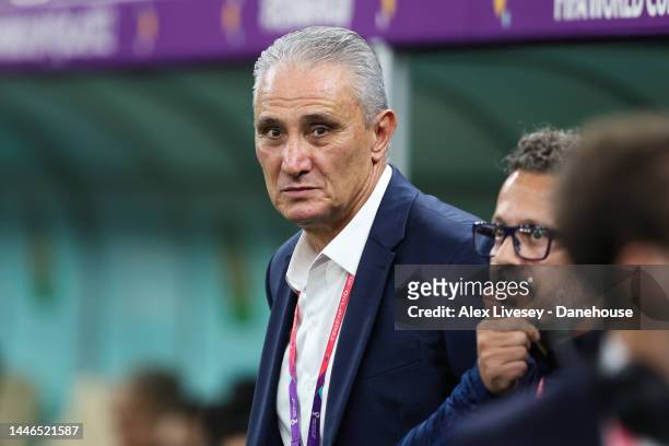 Tite, manager of the Brazil national football team, looks on during the FIFA World Cup Qatar 2022 Group G match between Cameroon and Brazil at Lusail...