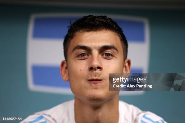 Paulo Dybala of Argentina looks on from the bench prior to the FIFA World Cup Qatar 2022 Round of 16 match between Argentina and Australia at Ahmad...