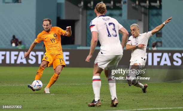 Daley Blind of Netherlands scores the team's second goal during the FIFA World Cup Qatar 2022 Round of 16 match between Netherlands and USA at...