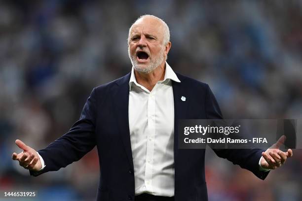 Graham Arnold, Head Coach of Australia, reacts during the FIFA World Cup Qatar 2022 Round of 16 match between Argentina and Australia at Ahmad Bin...