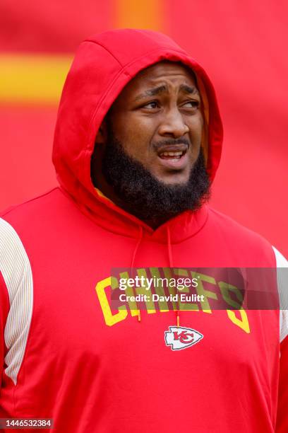 Lucas Niang of the Kansas City Chiefs warms up prior to the game against the Los Angeles Rams at Arrowhead Stadium on November 27, 2022 in Kansas...