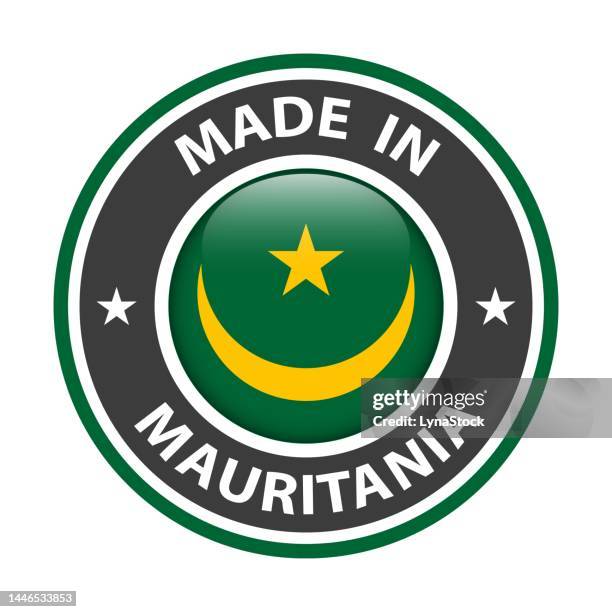 ilustraciones, imágenes clip art, dibujos animados e iconos de stock de vector de insignia hecho en mauritania. pegatina con estrellas y bandera nacional. signo aislado sobre fondo blanco. - mauritania flag
