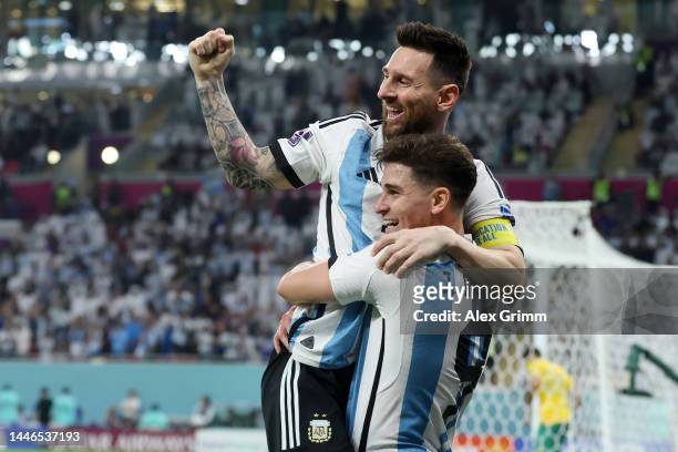 Julian Alvarez of Argentina celebrates after scoring the team's second goal during the FIFA World Cup Qatar 2022 Round of 16 match between Argentina...