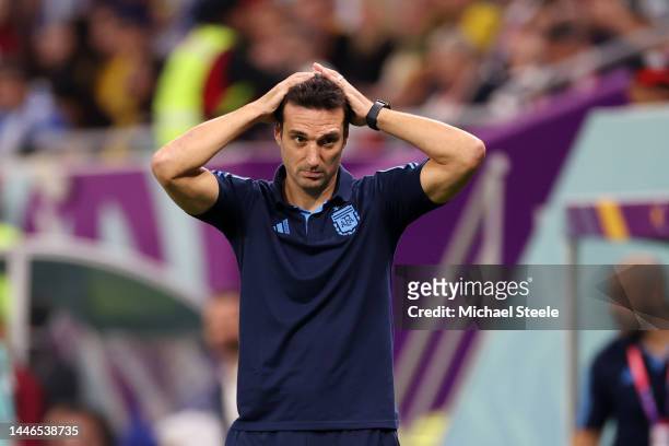 Lionel Scaloni, Head Coach of Argentina, reacts during the FIFA World Cup Qatar 2022 Round of 16 match between Argentina and Australia at Ahmad Bin...