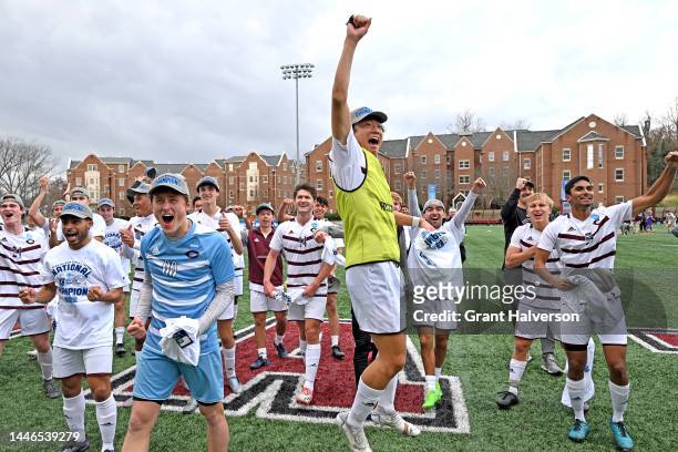 University of Chicago Maroons platers celebrate after a win against the Williams College Ephs during the Division III Men’s Soccer Championship held...