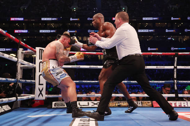 Daniel Dubois knocks out Kevin Lerena during the WBA World Heavyweight Title fight between Daniel Dubois and Kevin Lerena at Tottenham Hotspur...
