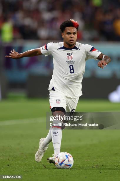 Weston Mckennie of United States in action during the FIFA World Cup Qatar 2022 Round of 16 match between Netherlands and USA at Khalifa...