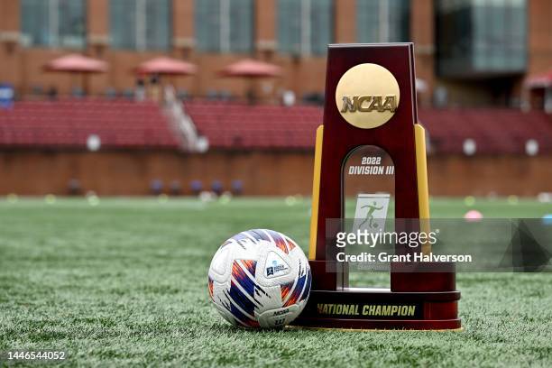 Detailed photo of the championship trophy and game ball during the Division III Men’s Soccer Championship between the University of Chicago Maroons...