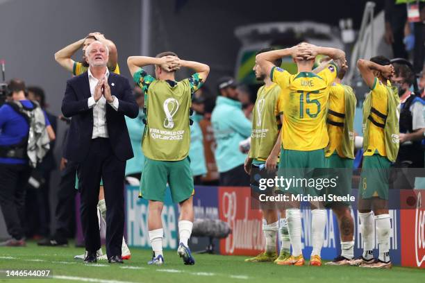 Graham Arnold, Head Coach of Australia, reacts after a missed chance during the FIFA World Cup Qatar 2022 Round of 16 match between Argentina and...