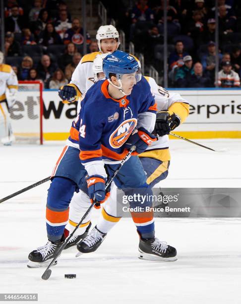 Cole Bardreau of the New York Islanders skates against the Nashville Predators at the UBS Arena on December 02, 2022 in Elmont, New York.