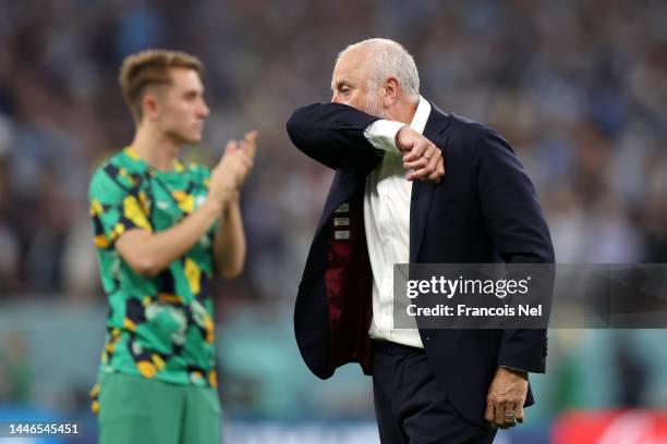 Graham Arnold, Head Coach of Australia, reacts after the 1-2 defeat in the FIFA World Cup Qatar 2022 Round of 16 match between Argentina and...