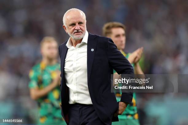 Graham Arnold, Head Coach of Australia, reacts after the 1-2 defeat in the FIFA World Cup Qatar 2022 Round of 16 match between Argentina and...