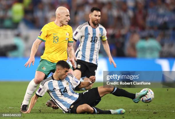 Aaron Mooy of Australia and Exequiel Palacios of Argentina compete for the ball during the FIFA World Cup Qatar 2022 Round of 16 match between...
