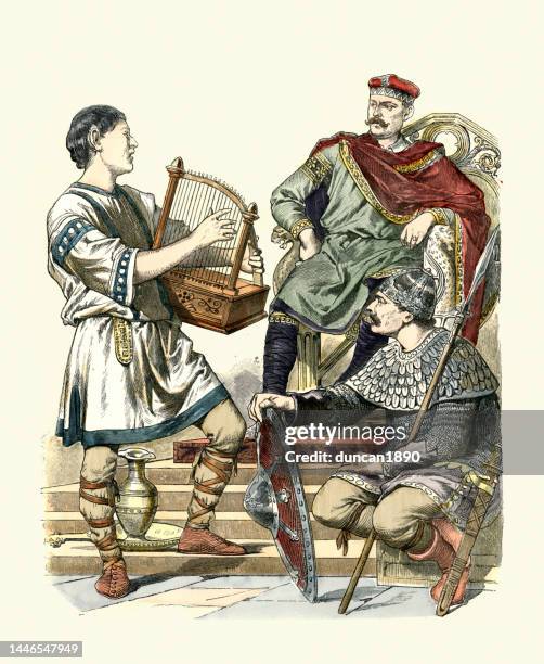 stockillustraties, clipart, cartoons en iconen met medieval fashion of carolingian era, 700 to 800 ad, king or nobleman, warrior and harpist, history of fashion - middeleeuws