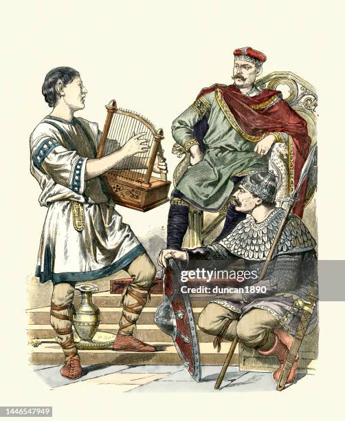 medieval fashion of carolingian era, 700 to 800 ad, king or nobleman, warrior and harpist, history of fashion - medieval throne stock illustrations