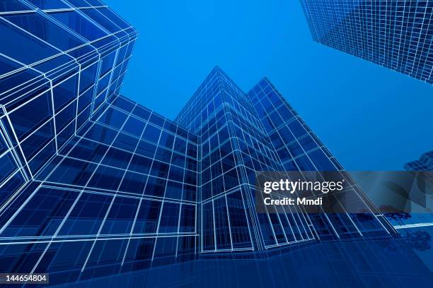 stockillustraties, clipart, cartoons en iconen met blue wireframe building - kikvors perspectief