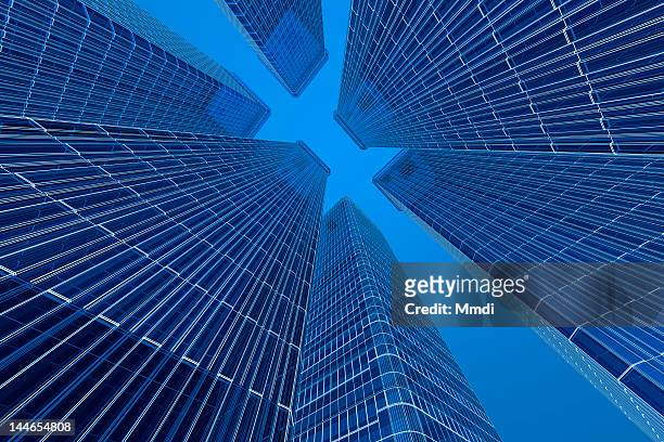 illustrazioni stock, clip art, cartoni animati e icone di tendenza di blue wireframe building - grattacielo