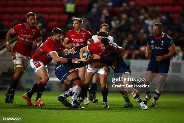 Freddie Burns of Leicester is tackled during the Gallagher Premiership Rugby match between Bristol Bears and Leicester Tigers at Ashton Gate on...