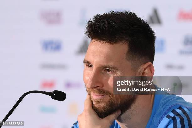 Lionel Messi of Argentina speaks to the media in the post match press conference after the team's victory during the FIFA World Cup Qatar 2022 Round...