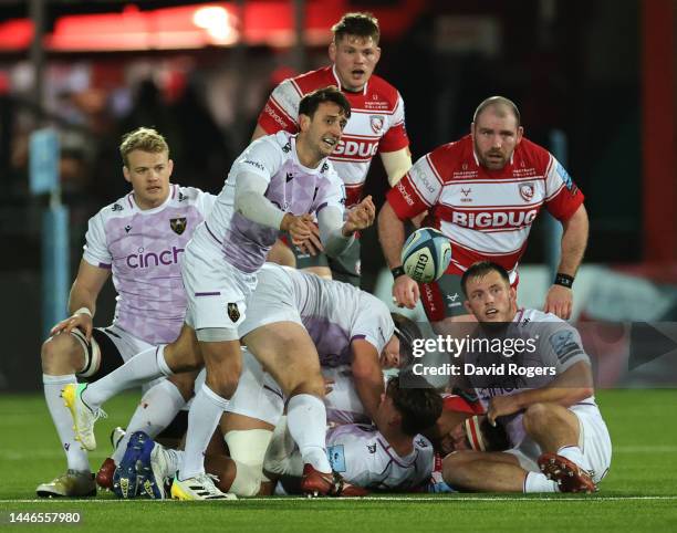 Alex Mitchell of Northampton Saints passes the ball during the Gallagher Premiership Rugby match between Gloucester Rugby and Northampton Saints at...