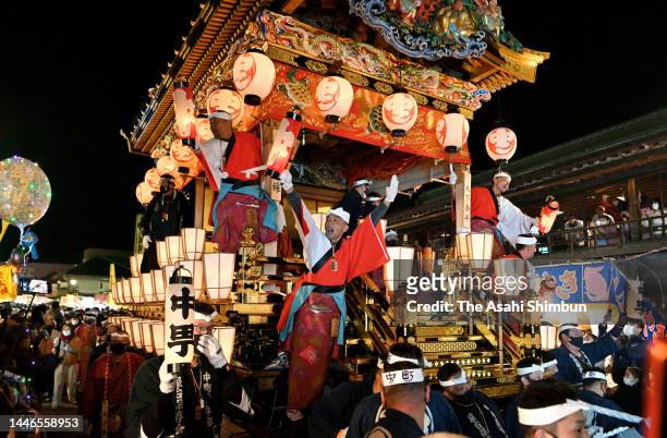 Illuminated floats march on during the Chichibu Yomatsuri, or Chichibu Night Festival on December 3, 2022 in Chichibu, Saitama, Japan.