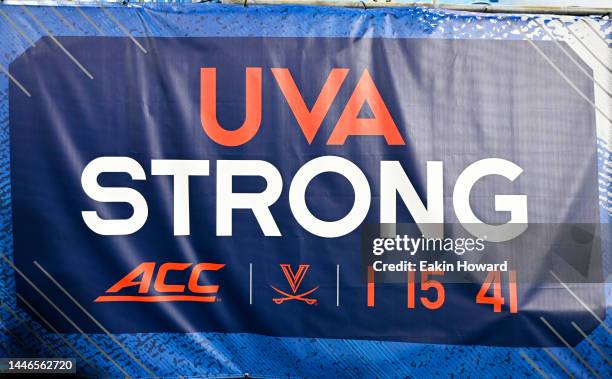 Strong banner is seen on the field before the ACC Championship game at Bank of America Stadium on December 03, 2022 in Charlotte, North Carolina.