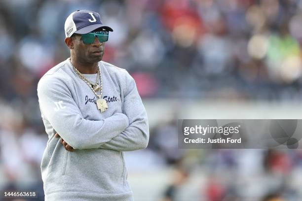 Head coach Deion Sanders of the Jackson State Tigers looks on before the game against the Southern University Jaguars in the SWAC Championship at...