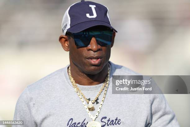 Head coach Deion Sanders of the Jackson State Tigers looks on before the game against the Southern University Jaguars of the SWAC Championship game...