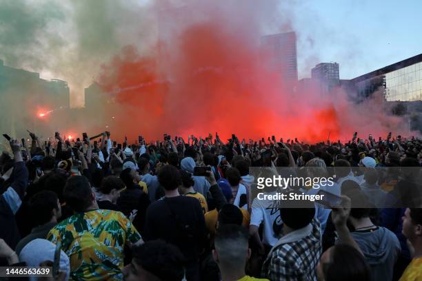 Supporters of Australias national football gather to watch the public viewing of the FIFA World Cup Qatar 2022 match between Australia and Argentina...