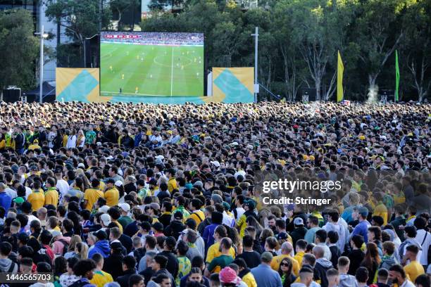 Supporters of Australias national football gather to watch the public viewing of the FIFA World Cup Qatar 2022 match between Australia and Argentina...