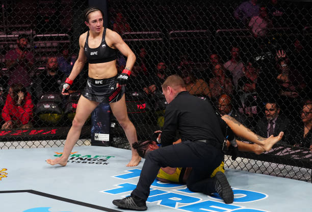 Yazmin Jauregui of Mexico reacts after her TKO victory over Istela Nunes of Brazil in a strawweight fight during the UFC Fight Night event at Amway...