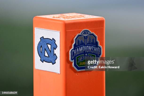 The North Carolina Tar Heels logo is seen on a pylon before their game against the Clemson Tigers for the ACC Championship at Bank of America Stadium...