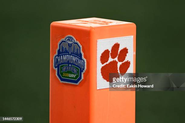 The Clemson Tigers logo is seen on a pylon before their game against the North Carolina Tar Heels for the ACC Championship at Bank of America Stadium...