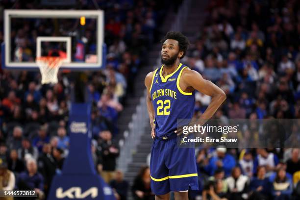 Andrew Wiggins of the Golden State Warriors stands on the court during their game against the Chicago Bulls at Chase Center on December 02, 2022 in...