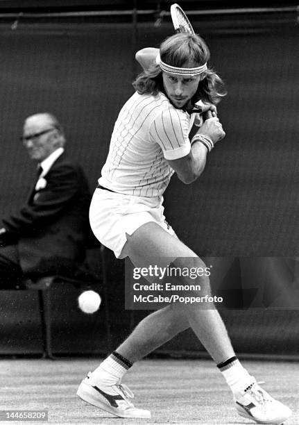 Swedish tennis player Bjorn Borg in action during competition to reach and win the final of the Men's Singles tournament against Jimmy Connors, 6-2,...