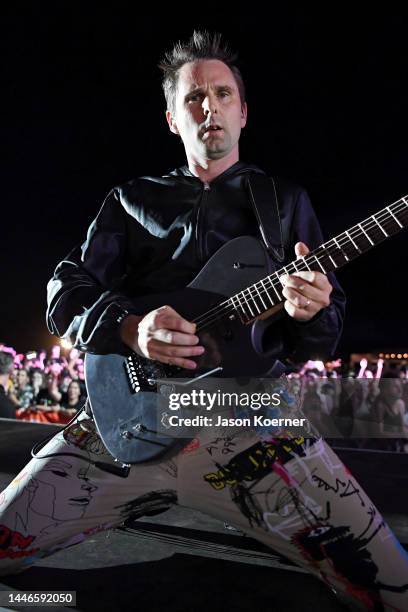 Matt Bellamy of MUSE performs on stage during Audacy Beach Festival at Fort Lauderdale Beach on December 03, 2022 in Fort Lauderdale, Florida.
